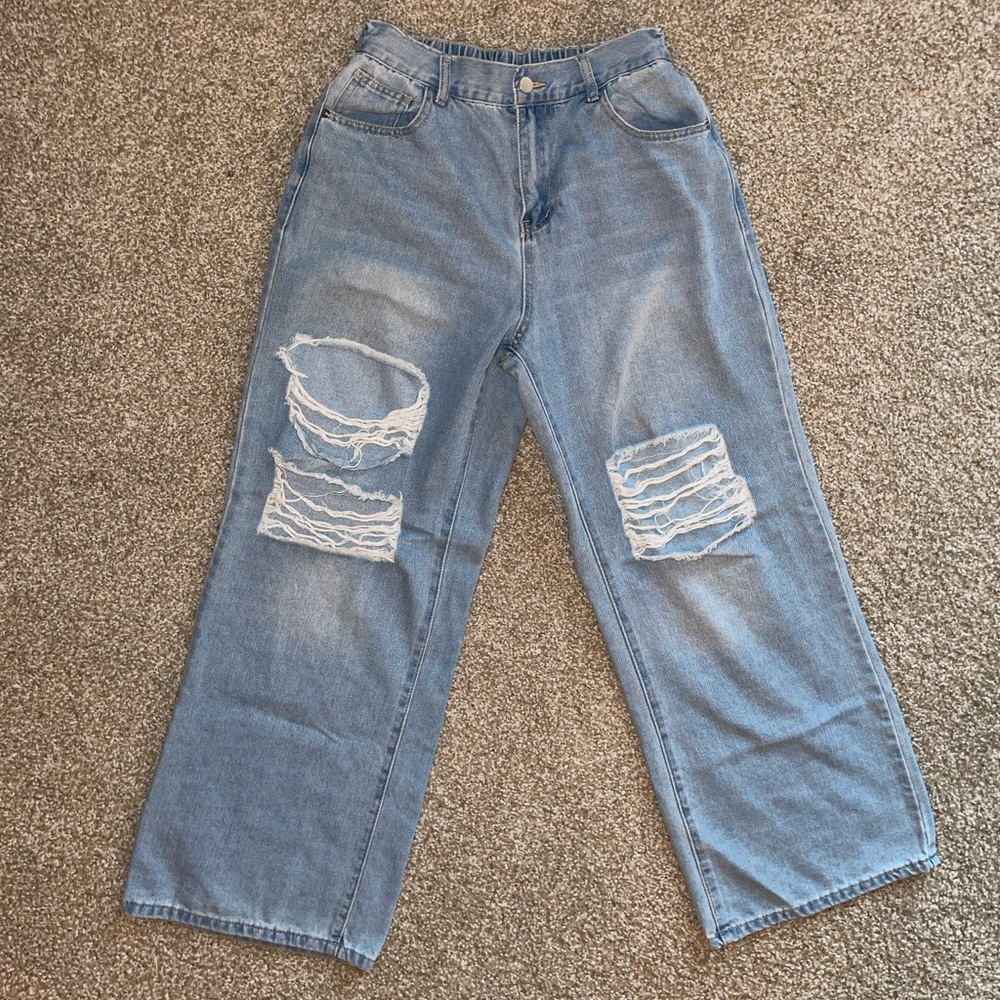 Distressed Light Blue Denim Jeans with Elastic Waist